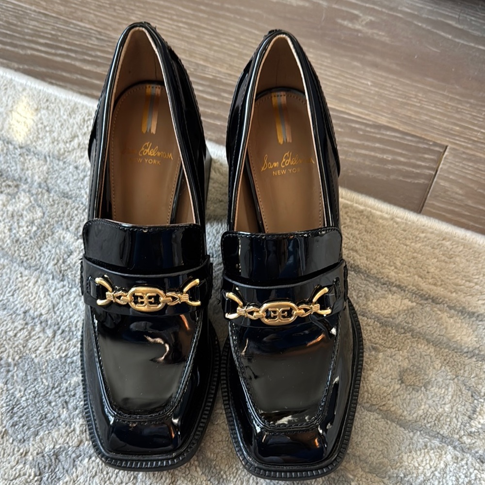 Sam Edelman Black and Gold Loafers with Chain Detail